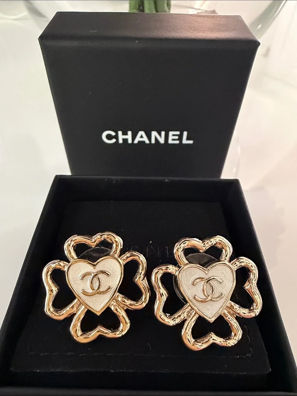 CHANEL Gold and Cream Heart Clover Earrings with CC Logo